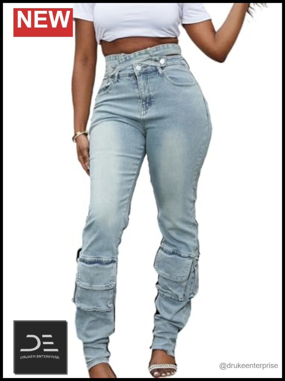 High Waisted Cutout Waist Cross Strap Cargo Jeans Women Stretchy Straight Leg